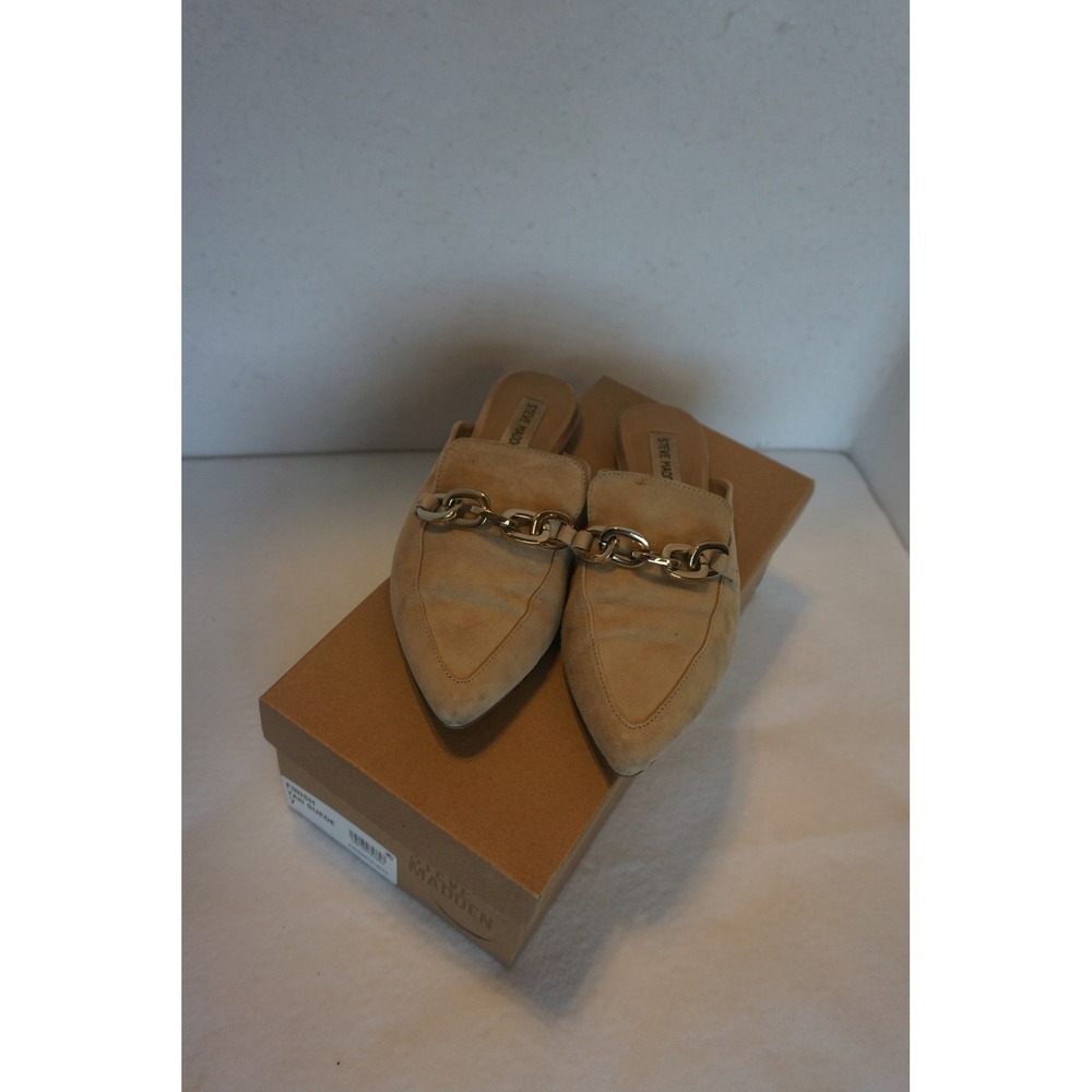 Steve Madden Finn Tan Suede Mules Gold Chain Pointed Toe Flats FINN02S1 Womens 7